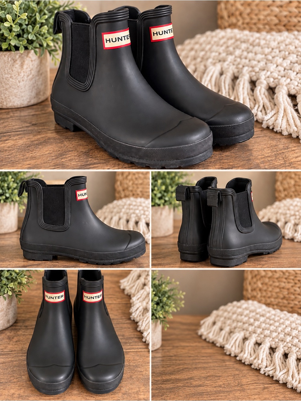 Hunter Black Short Chelsea Rain Boots with Red Logo